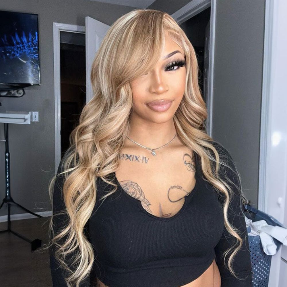 Highlight #P18/613 Ash Blonde Wig Straight /Body Wave Human