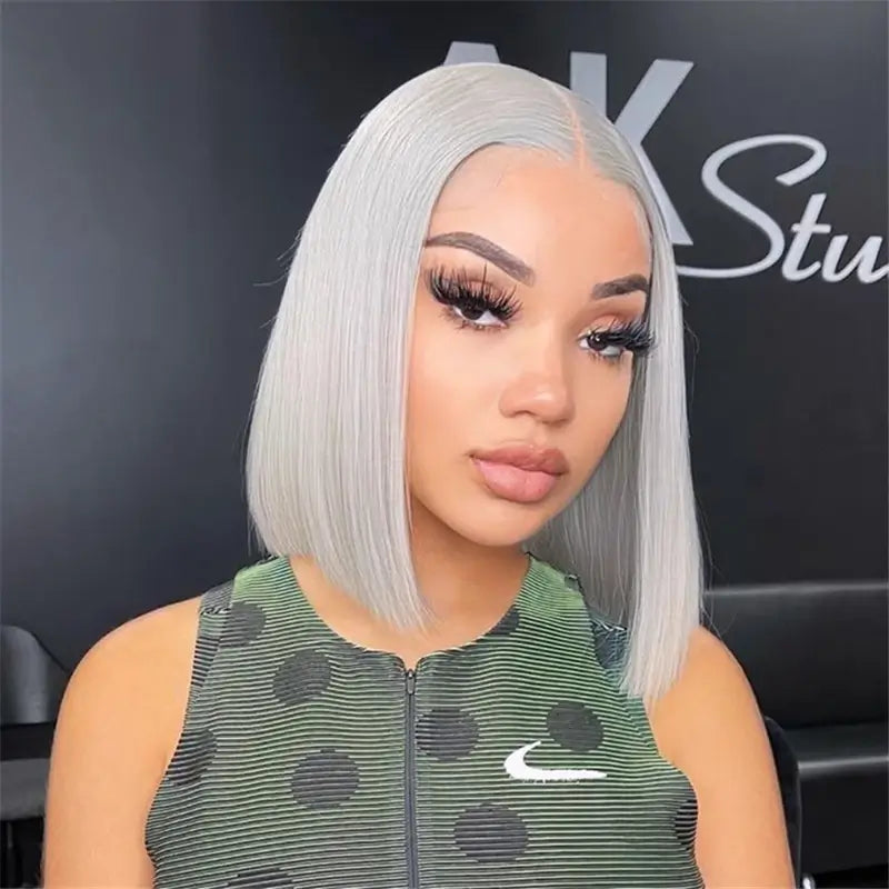 Grey Bob Wigs Straight 13x4 HD Transparent Lace Front Wigs 100 Human