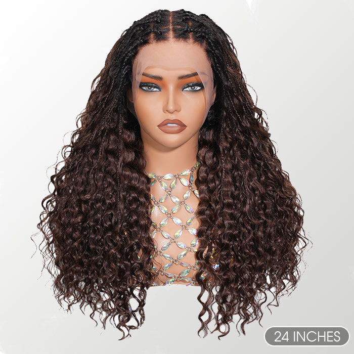 13x6 HD Full Lace Knotless Boho Braided Wigs With Curls Ombre Brown Drawstring Pull Go Wig