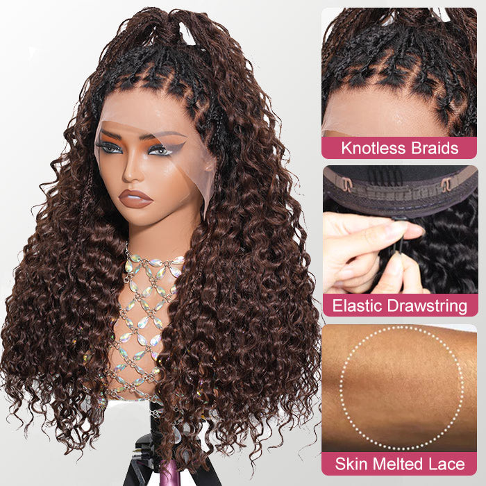 13x6 HD Full Lace Knotless Boho Braided Wigs With Curls Ombre Brown Drawstring Pull Go Wig