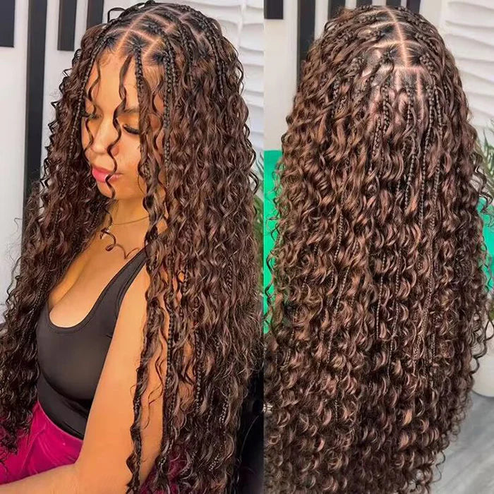13x6 HD Full Lace Knotless Boho Braided Wigs With Curls Ombre Brown Drawstring Pull Go Wig
