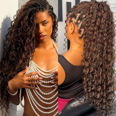 13x6 HD Full Lace Knotless Boho Braided Wigs With Curls Ombre Brown Drawstring Pull Go Wig