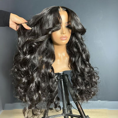 250% Density Loose Body Wave Curtain Bangs Wig Pre Bleached Glueless 13x6 Full Lace Front Human Hair Wigs