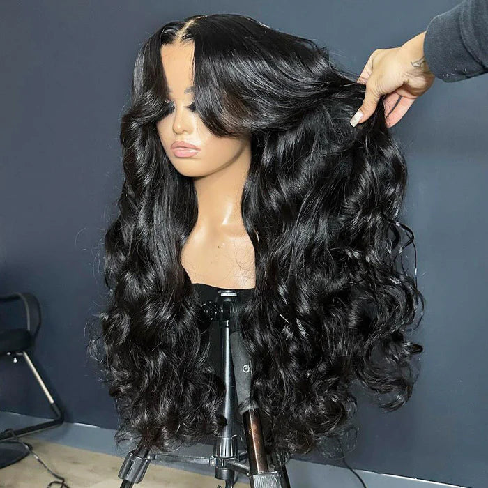 250% Density Loose Body Wave Curtain Bangs Wig Pre Bleached Glueless 13x6 Full Lace Front Human Hair Wigs