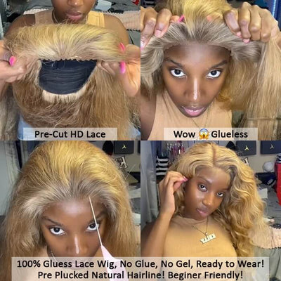 #27 Honey Blonde Straight/Body Wave Upgrade 8x5 Pre Cut HD Lace Put On And Go Glueless Human Hair Wigs