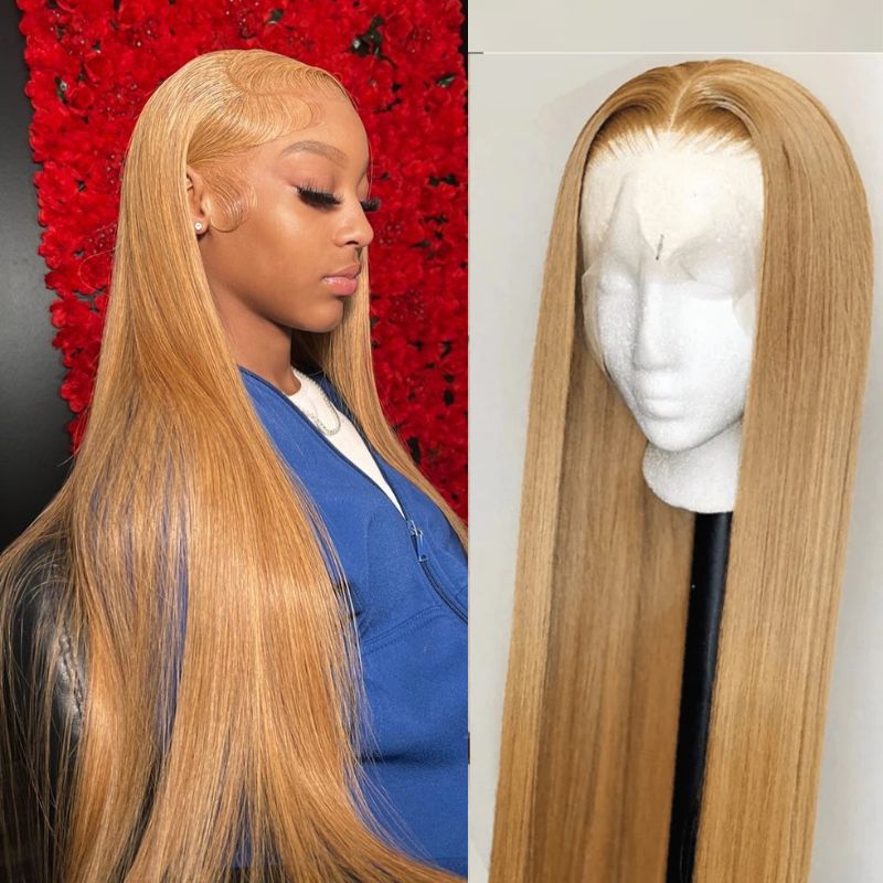 #27 Honey Blonde Straight Colored 13x4 HD Lace Frontal Wigs 4x4 Lace ...