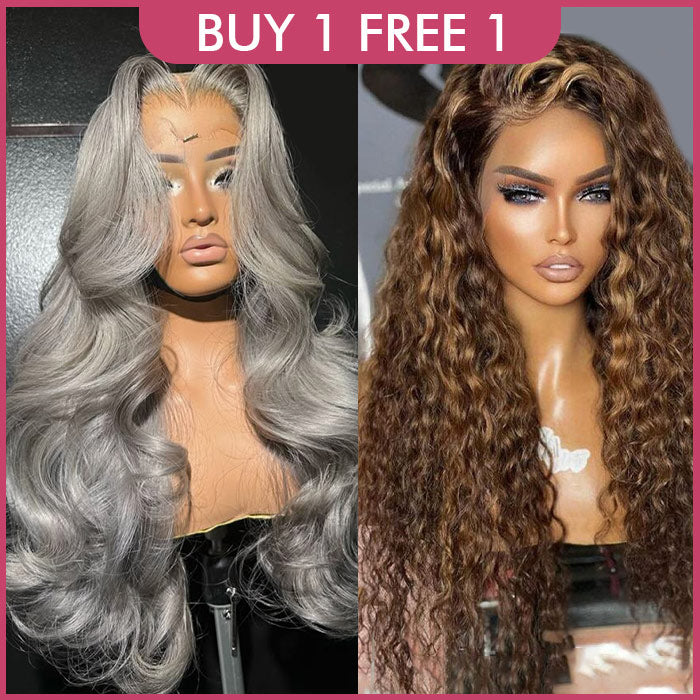 [$299 = 2 Wigs] Grey Body Wave 13x4 Lace Front Wig & P4/27 Highlight Blonde Brown Curly Wig