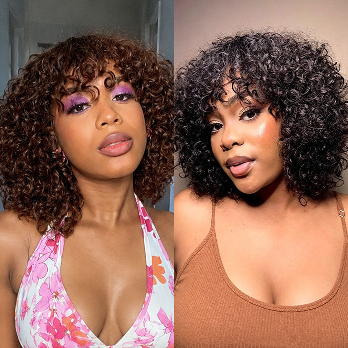2Wigs 119 | Natural Color & Reddish Brown Curly Human Hair Bob Wig with Bangs Beginner Friendly Special Offer