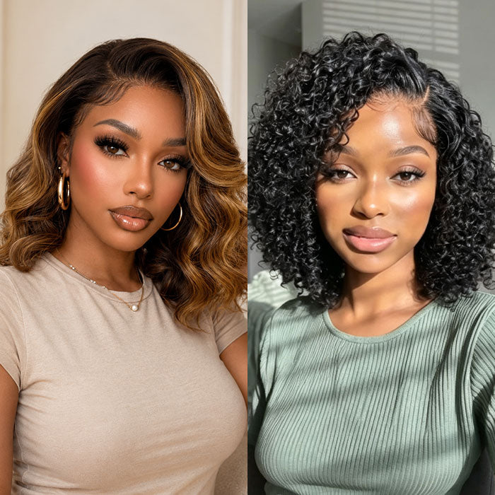 2Wigs 149 | 220% Density Side Part Honey Blonde Brown Highlights Wavy Bob + Curly Glueless Drawstring Wig Special Offer