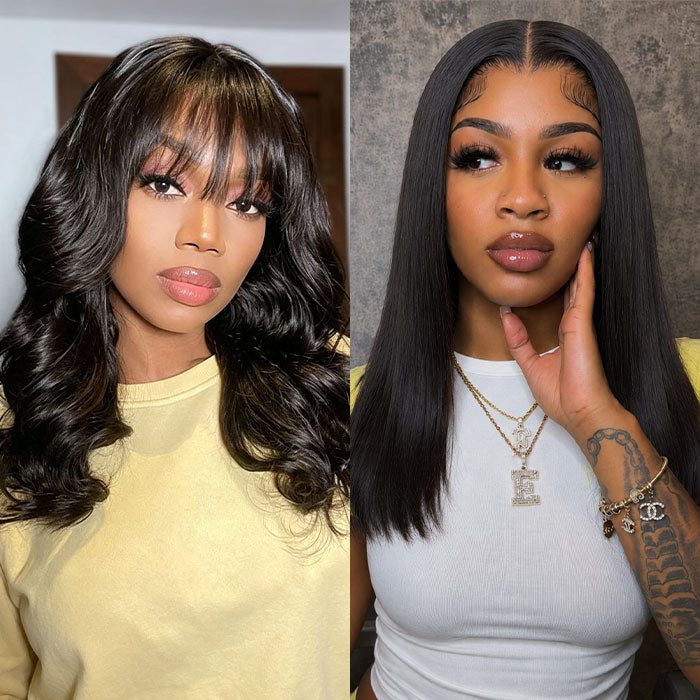 2Wigs 149 | Straight Glueless Wig + Body Wave Human Hair Wig with Bangs 4x4 Pre Cut HD Lace Special Offer