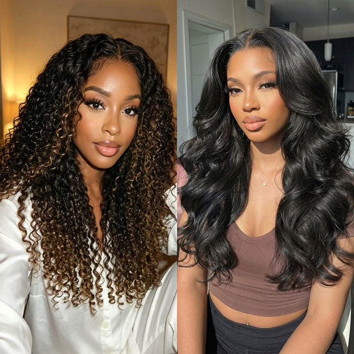 2Wigs 159 | Body Wave HD Lace Wig + Chestnut Brown Curly Human Hair Wig with Drawstring Cap Special Offer