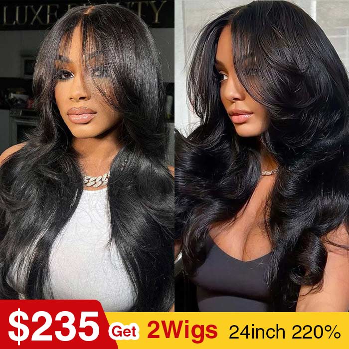 [2Wigs 220%] Glueless Curtain Bangs Straight & Body Wave Wig Human Hair Wear Go Wig Flash Sale