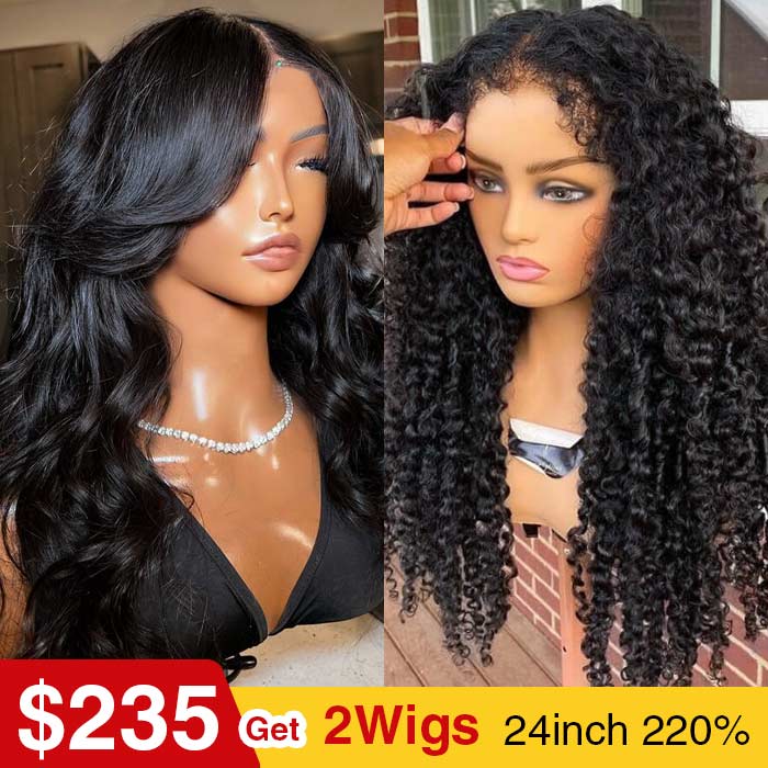[2Wigs 220%] Pre Bleached Pre Cut HD Lace Wig 4C Edges Curly Wig + Curtain Bangs Body Wave Wig Flash Sale