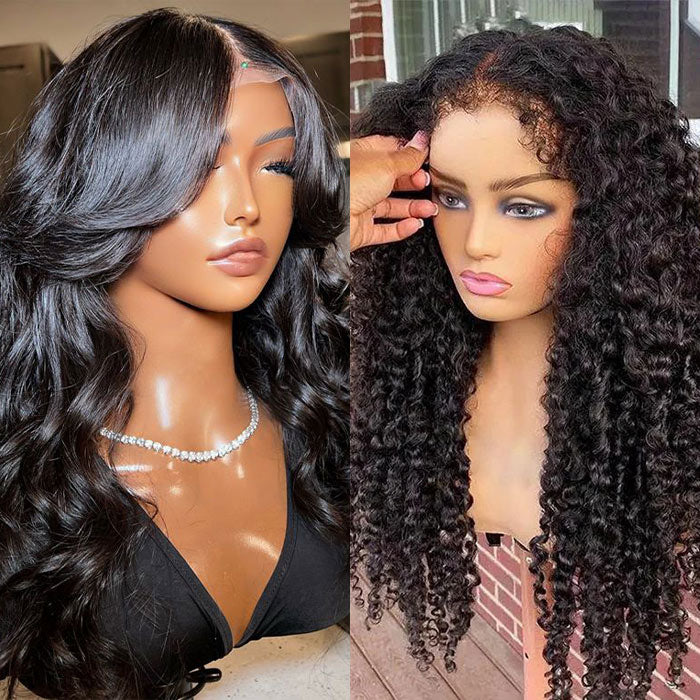 [2Wigs 220%] Pre Bleached Pre Cut HD Lace Wig 4C Edges Curly Wig + Curtain Bangs Body Wave Wig Special Offer
