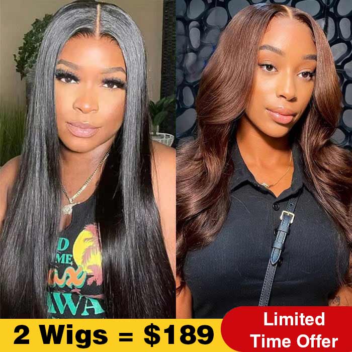 2Wigs $189 | Glueless Straight Human Hair Wig + Chocolate Brown Body Wave Wear Go Wig Flash Sale
