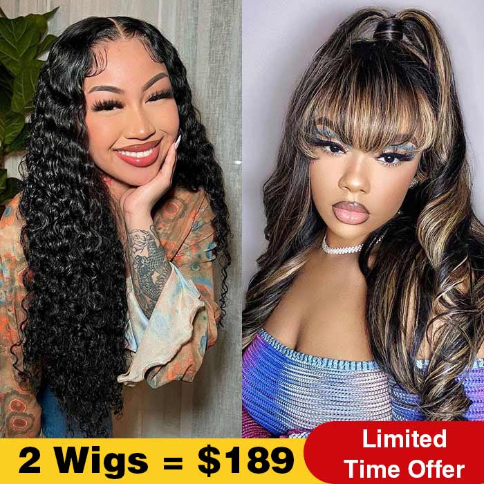2Wigs $189 | Water Wave Glueless Lace Wig + Highlight Blonde Body Wave Wig With Bangs Flash Sale