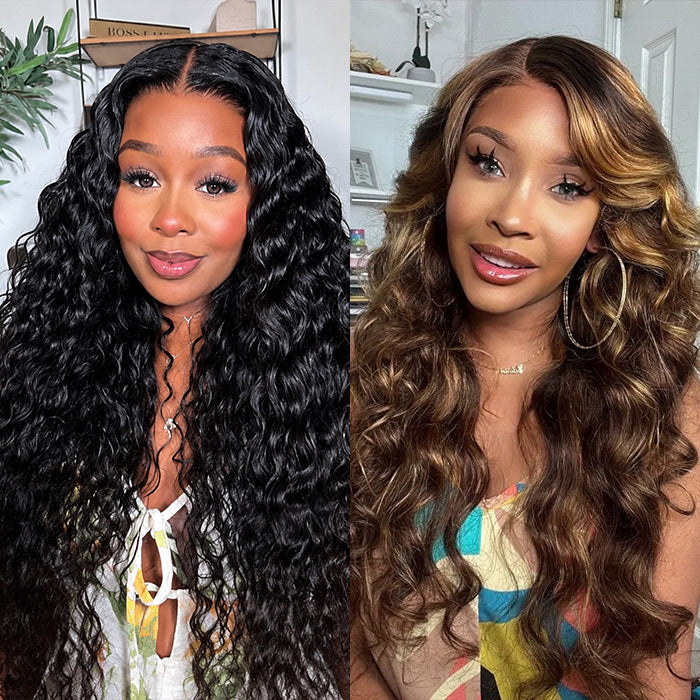 2Wigs $189 | Balayage Highlights Body Wave Wig + Curly HD Lace Human Hair Wigs Special Offer