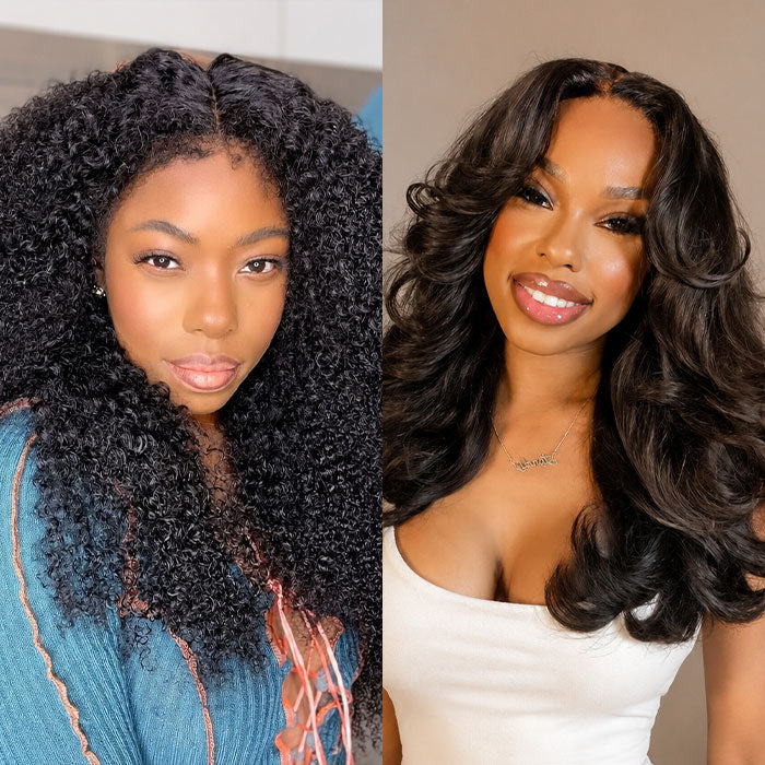 2Wigs $199 | Body Wave Curtain Bangs Wig + 4C Edges Curly Glueless Wig 8x5 Pre Cut HD Lace Wig Special Offer