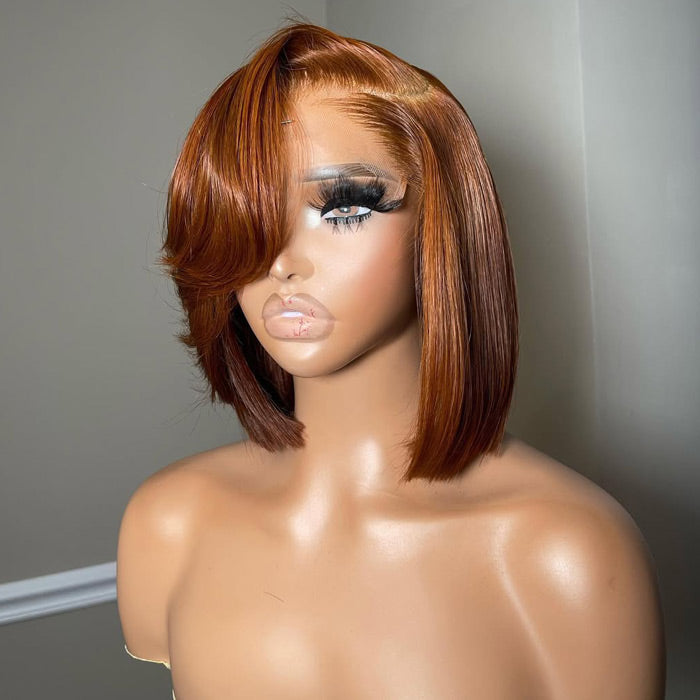 30 Ginger Brown Glueless Straight Bob Wig Swoop Side Part  display picture 1