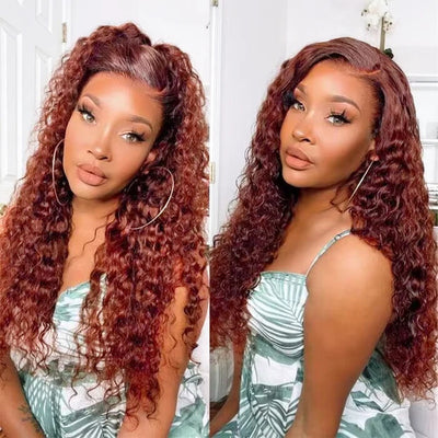 #33 Reddish Brown Auburn Water Wave Human Hair Wig HD Transparent 13x4 Lace Front Wig