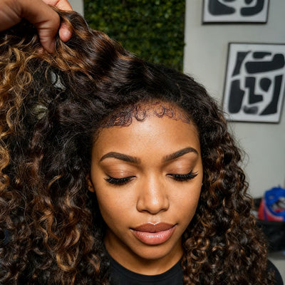 350% Density Luxury Glueless Burmese Curly with Finger Coil Ends Balayage Highlights 4C Edges Wig