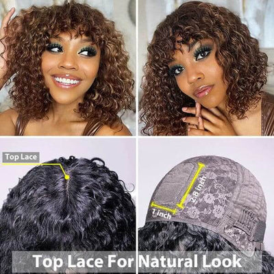 Curly Bob Wig With Bangs Full Machine Made For Women Fringe Wigs Non-Lace Wig