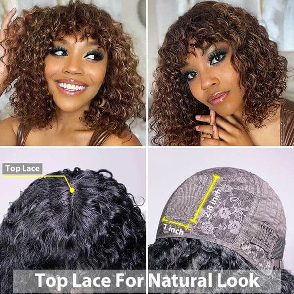 Curly Bob Wig With Bangs Full Machine Made For Women Fringe Wigs Non-Lace Wig