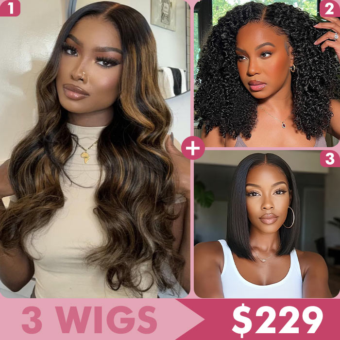3 Wigs $229 | 8x5 Pre Cut HD Lace Brown Blonde Highlights Wig & Glueless Curly Bob Wig & Straight 5x5 HD Lace Bob Wig Special Offer