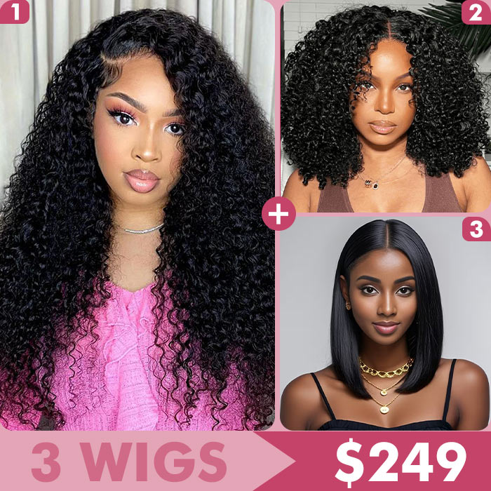 3 Wigs $249 | 13x4 Skinlike HD Lace Curly Wig & 8x5 Glueless Curly Bob Wig & 5x5 HD Lace Straight Bob Wig Special Offer