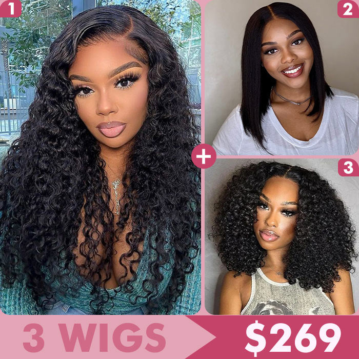 3 Wigs $269 | Pull Go Drawstring 13x4 HD Lace Water Wave Wig & 8x5 Pre Cut Lace Short Bob Curly Wig & Straight Bob Wig Special Offer