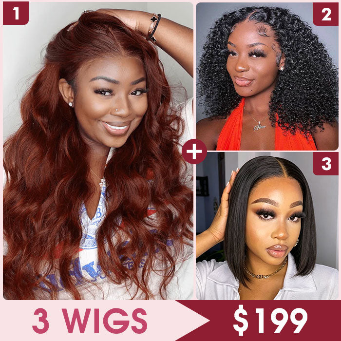 3 Wigs $199 | Reddish Brown Body Wave Glueless Wig & Pre Cut Lace Curly Bob Wig & Straight Short Bob Wigs Special Offer