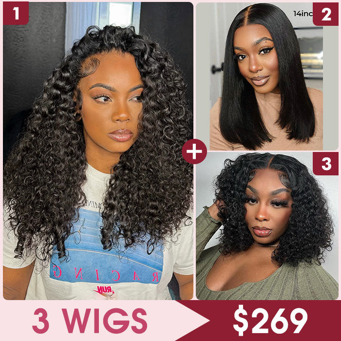 3 Wigs $269 | Pull Go Drawstring 13x4 HD Lace Water Wave Wig & 8x5 Pre Cut Lace Short Bob Curly Wig & Straight Bob Wig Special Offer