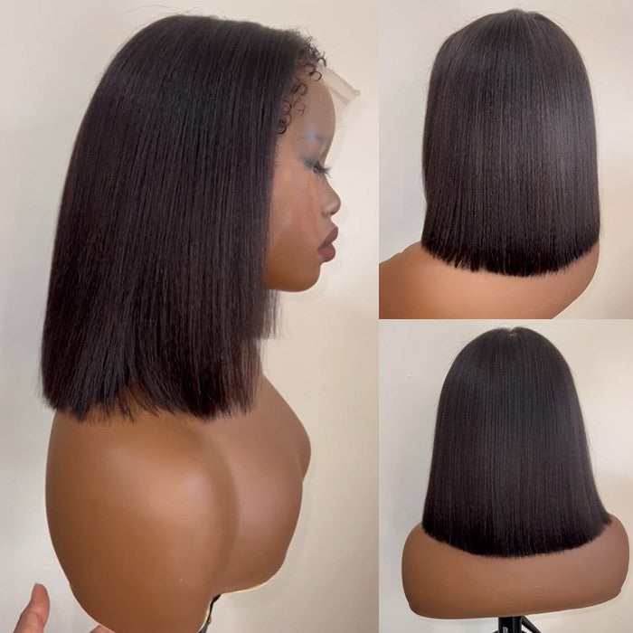 4B 4C Hairline Kinky Edges Straight Bob Wig Bleached Knots Glueless HD Lace Wig 220% Density