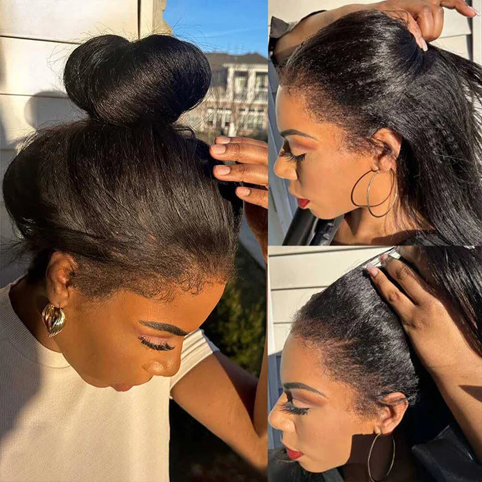 4C Edges Kinky Straight 360 HD Lace Human Hair Yaki Wig With Super Natural Hairline
