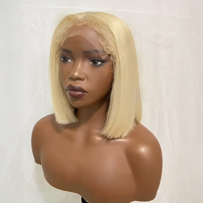 4C Kinky Edges Hairline Bleached Knots 613 Blonde Straight Glueless Bob Wig with Curly Baby Hair