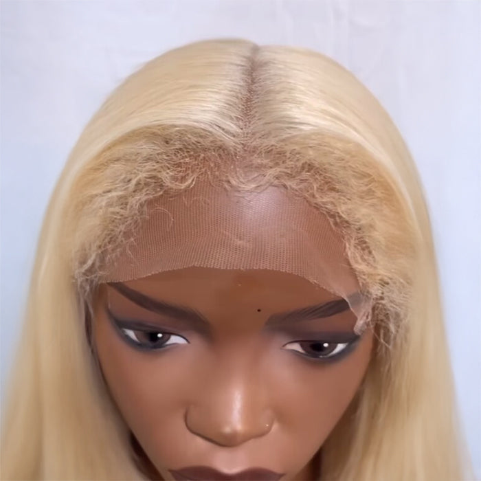 4C Kinky Edges Hairline Bleached Knots 613 Blonde Straight Glueless Bob Wig with Curly Baby Hair