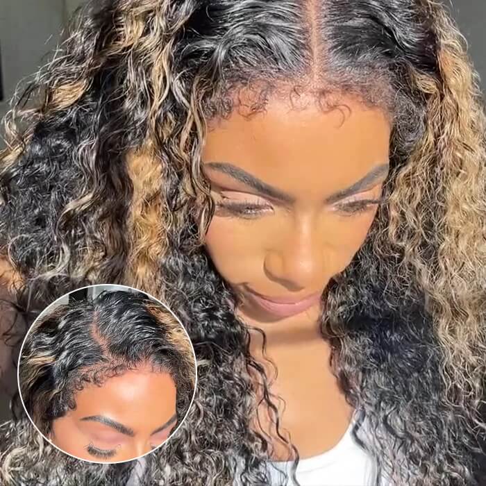 4C Edges Hairline Wig Honey Blonde Highlight Wig 13x4 8x5 HD Lace Front Jerry Curly Human Hair Wigs