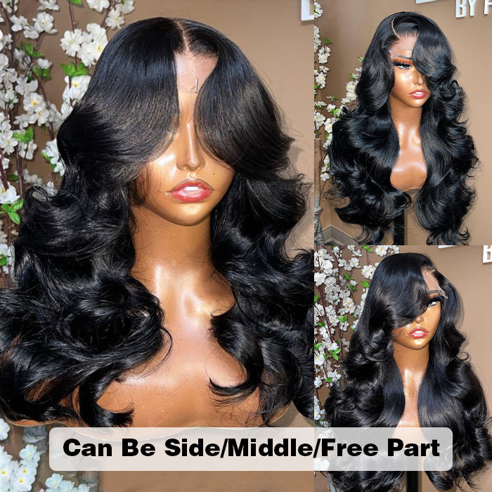 Curtain Bangs Glueless HD Lace Wig Chic Retro Body Wave Human Hair Wigs with Adjustable Strap