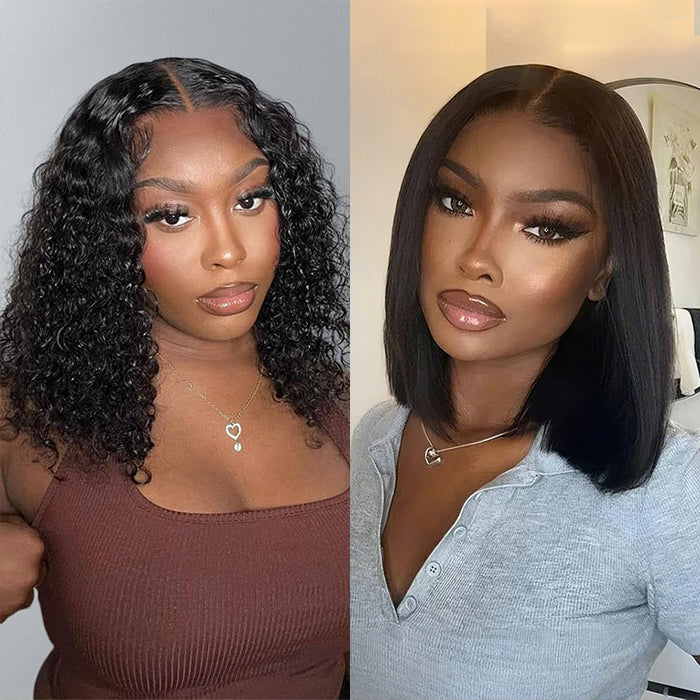 2Wigs $119 | 220% Density Straight & Curly Blunt Cut Bob Wig 4x4 HD Lace Closure Short Human Hair Wigs Special Offer