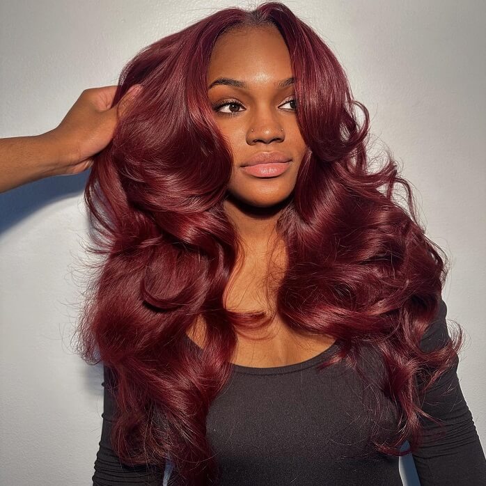 99J Burgundy Curtain Bangs Body Wave Human Hair Glueless HD Lace Wigs