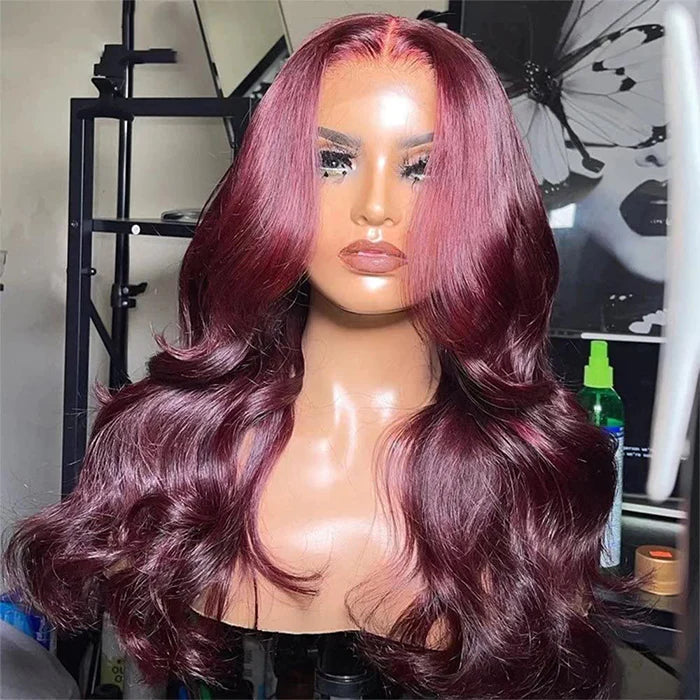 99J Burgundy Curtain Bangs Body Wave Human Hair Glueless HD Lace Wigs
