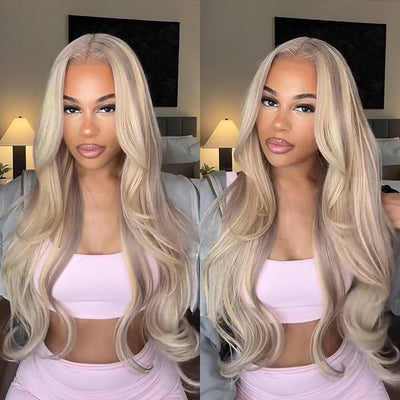 Ash Blonde Curtain Bangs Straight Glueless HD Lace Front Wig P18/613 Blonde Highlights Wig