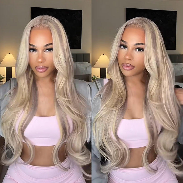 Ash Blonde Curtain Bangs Straight Glueless HD Lace Front Wig P18/613 Blonde Highlights Wig