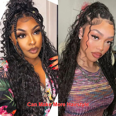 Braided Glueless Wig Drawstring Cap 13x6 HD Lace Front Knotless Boho Curls Human Hair Wigs