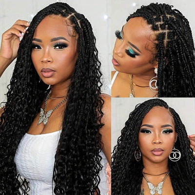 Braided Glueless Wig Drawstring Cap 13x6 HD Lace Front Knotless Boho Curls Human Hair Wigs