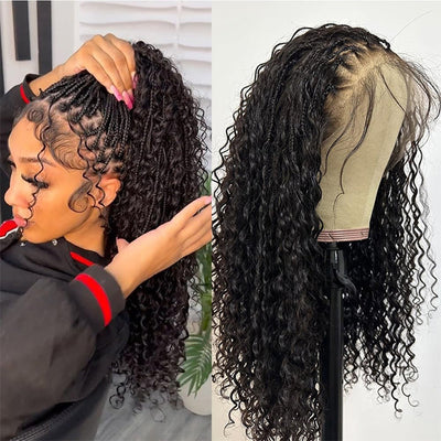 Braided Glueless Wig Drawstring Cap 13x6 HD Lace Front Knotless Boho Curls Human Hair Wigs
