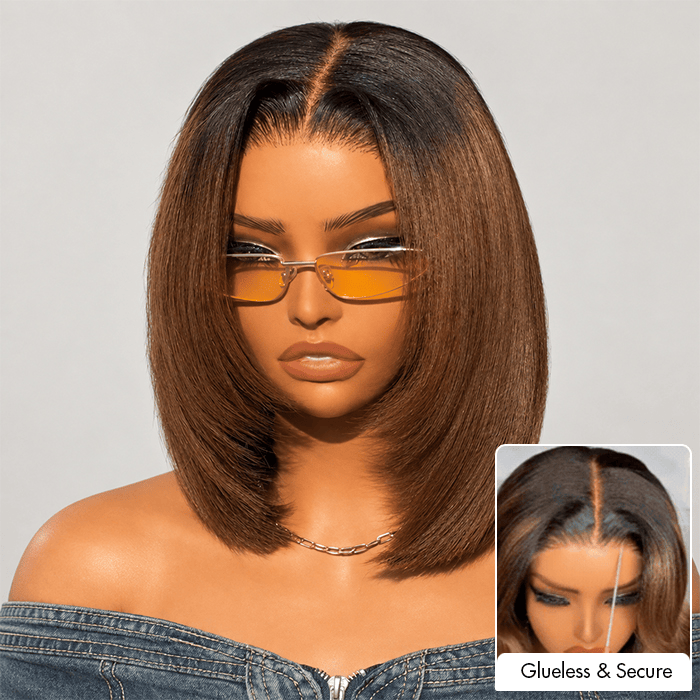 Chestnut Brown Ombre Yaki Straight Bob Wig Pre-Bleached Natural Looking Glueless Wig with Drawstring Special Offer