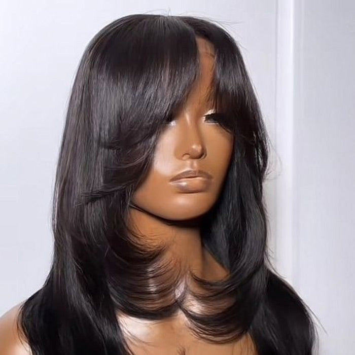 Curtain Bangs Straight Wig Layered Cut Hairstyles Glueless Human Hair HD Lace Wig