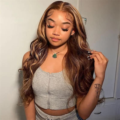 Ombre Highlight Wigs 13x4 Lace Front Wigs Human Hair Body Wave Wigs #4/27 Glueless Wigs