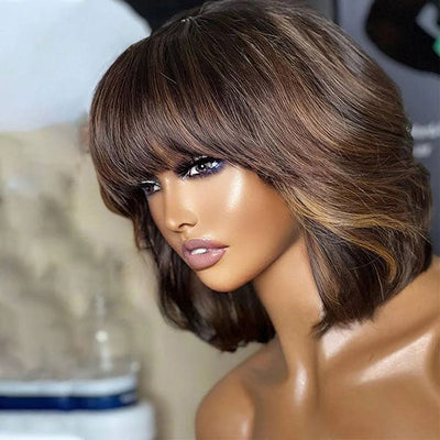 Highlight Blonde Bob Wig with Bangs Mix Color Short Straight Human Hair Wigs with Fringe Bangs